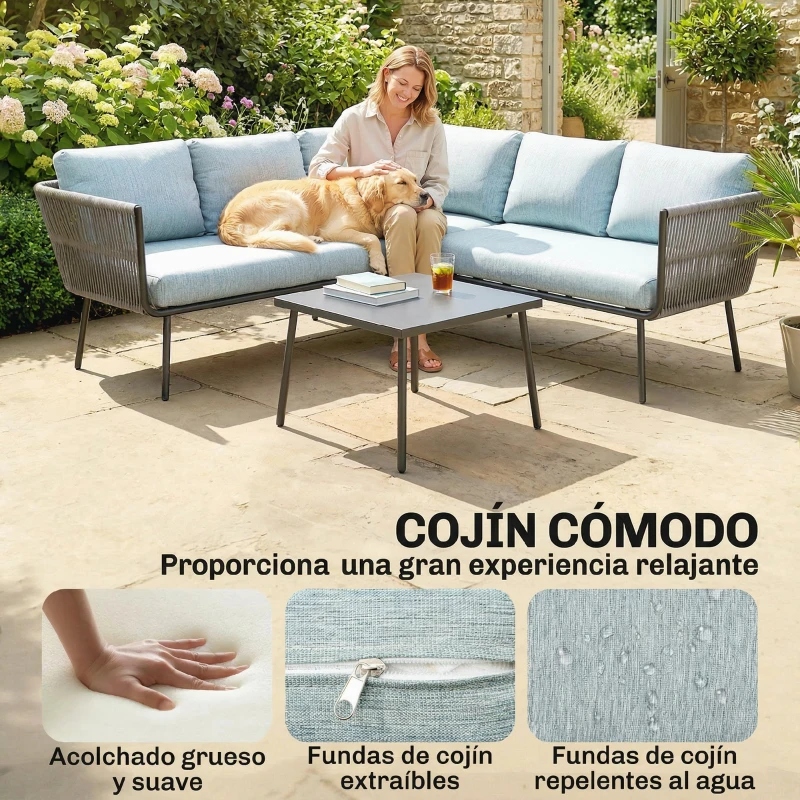 Outsunny Conjunto de Muebles de Ratán de Exterior Sofá de Esquina con Cojines y Mesa de Centro para Terraza Patio Azul Claro