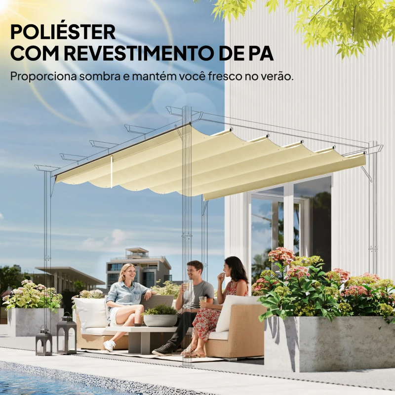 Outsunny Cobertura para Pérgola 3,5x2,5 m Teto de Substituição Retrátil para Pérgola com 10 Orifícios de Drenagem Creme