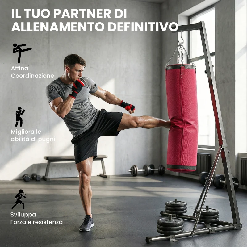 SPORTNOW Supporto Sacco Boxe Regolabile con Base Triangolare e Sacco da Boxe, in Acciaio e Tela, 175x91x185-231 cm, Rosso
