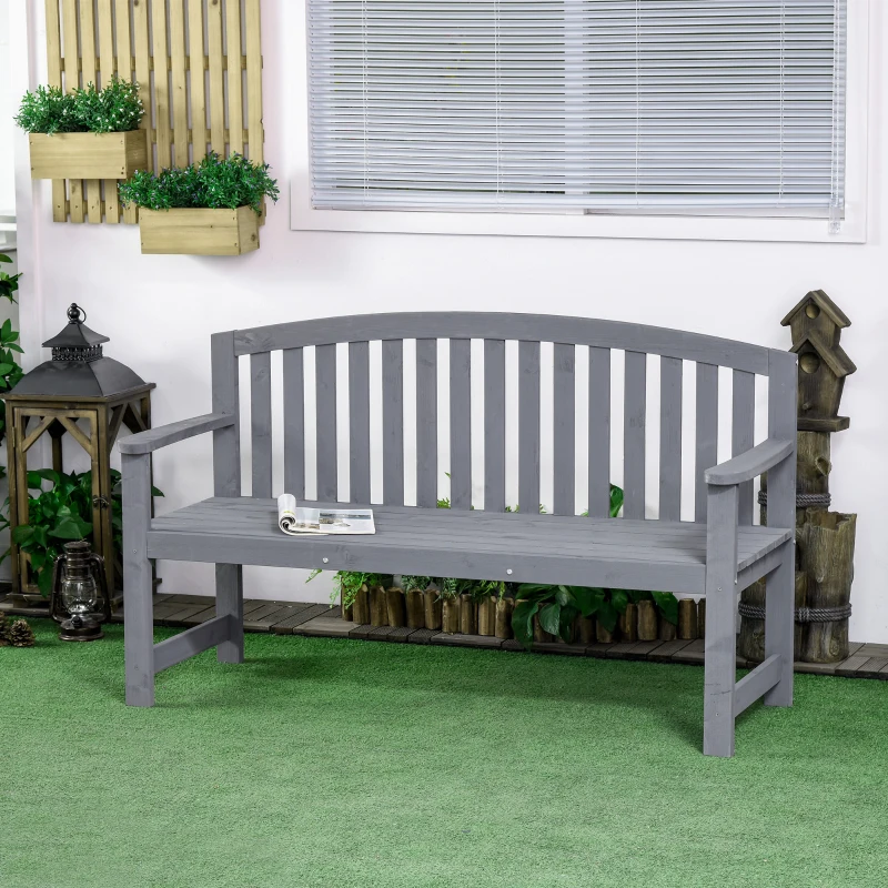 Outsunny 2-Sitzer Gartenbank Holz, wetterfest Sitzbank, Gartenmöbel mit Rückenlehnen, 240 kg belastbar 143 x 51 x 85 cm, Grau