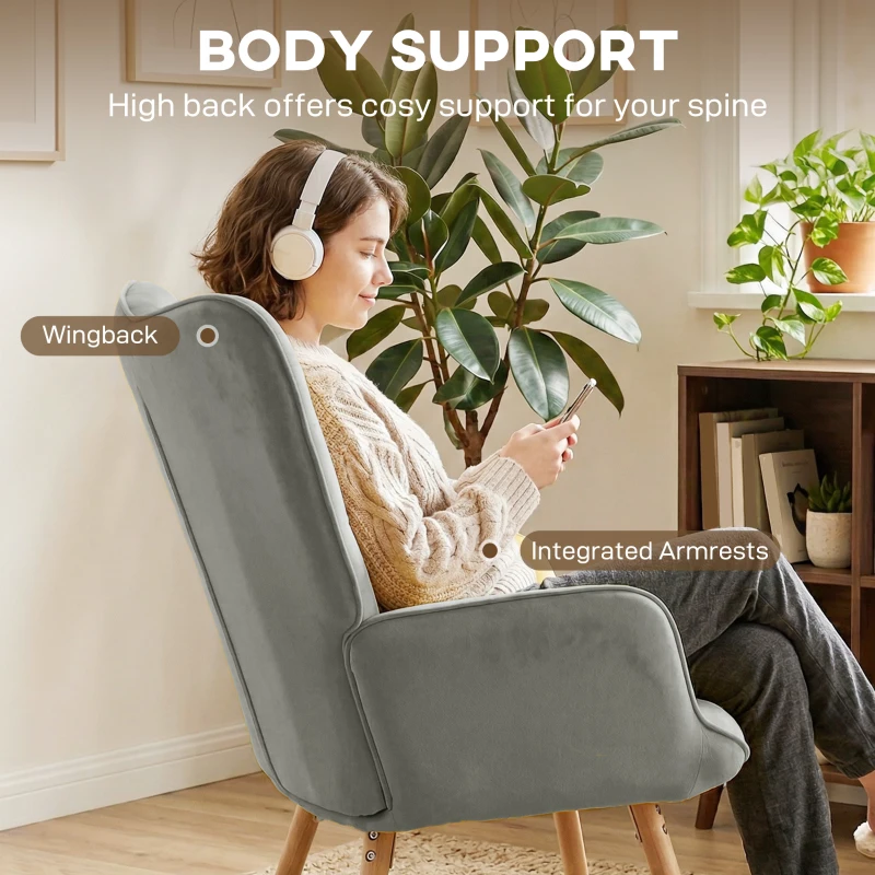 HOMCOM Modern Accent Chair, Upholstered High Back Armchair with Tufted Wingback, Seat Padding, Velvet Leisure Lounge Bedroom Chair with Wood Legs, Grey