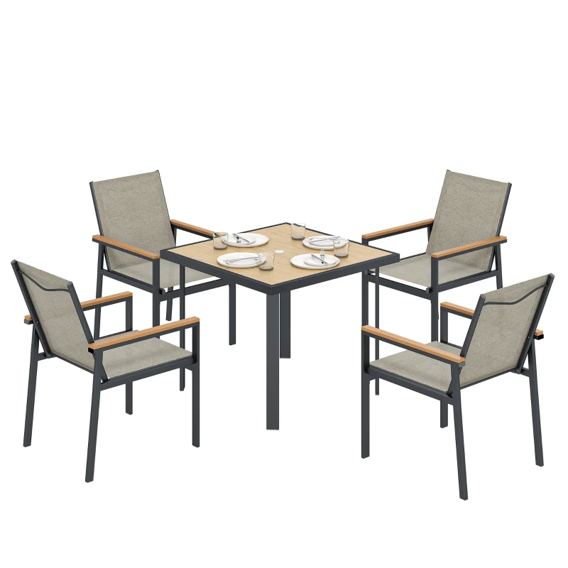 Outsunny Five-Piece Metal Dining Set, with Glass-Top Table - Khaki