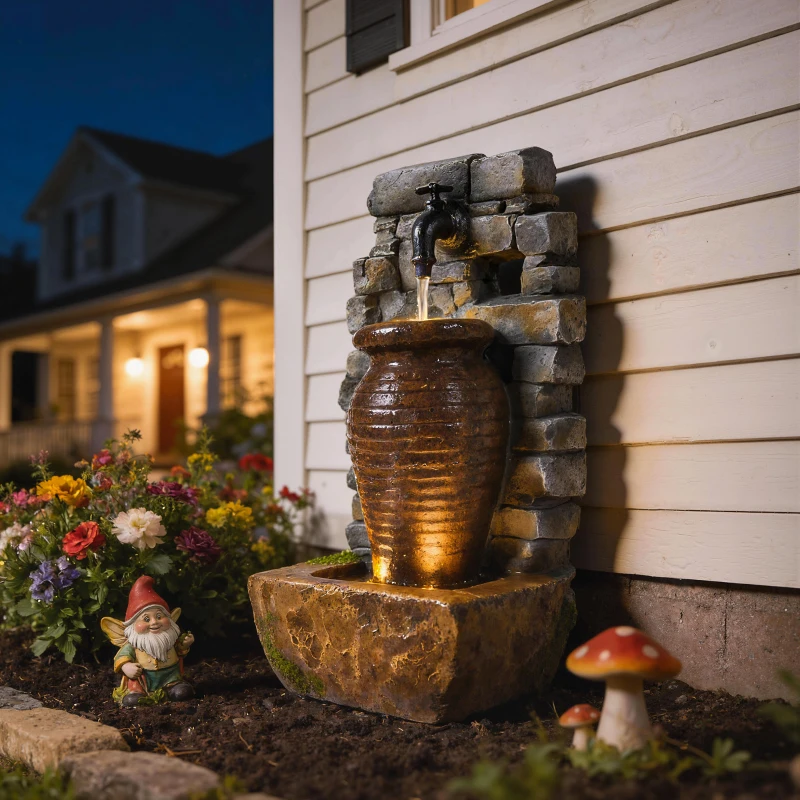 Outsunny Gartenbrunnen mit einstellbarem Wasserfluss und 3-stufiger rustikaler Steinwand im Krugdesign