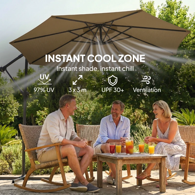 Outsunny 3 m Garden Cantilever Parasol with Cover, Round Overhanging Umbrella with 360° Rotation, Tilt, Khaki