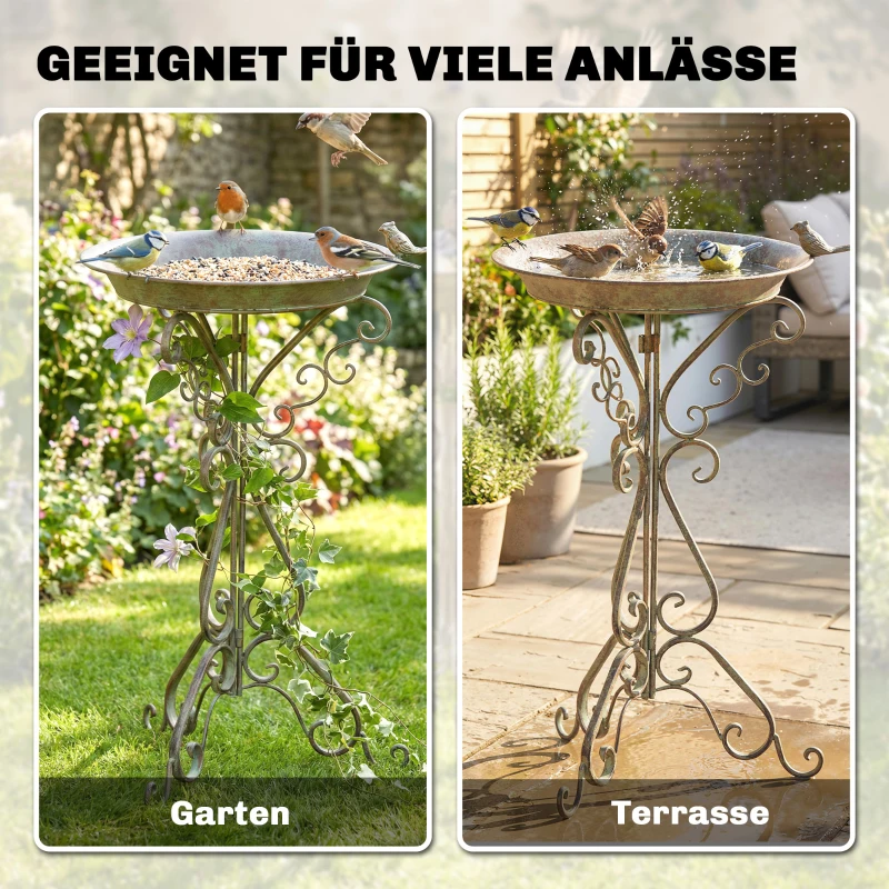 Outsunny Vogelbad mit Vogelstatue und dekorativem Standfuß, Vintage Garten Vogelbad Schale Sockel, Grün