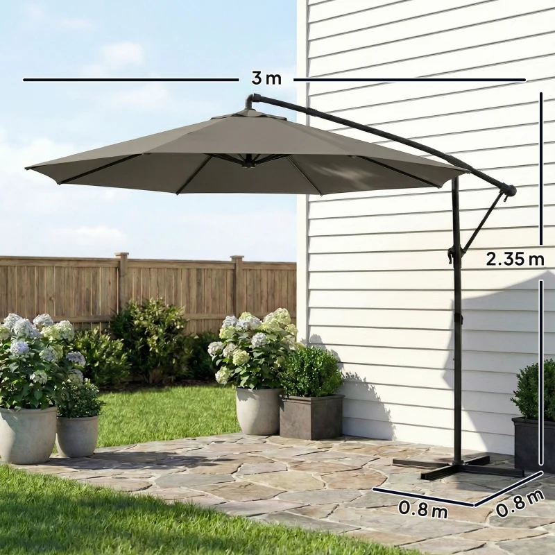 Outsunny 3 m Garden Cantilever Parasol with Cover, Round Overhanging Umbrella with 360° Rotation, Tilt, Grey