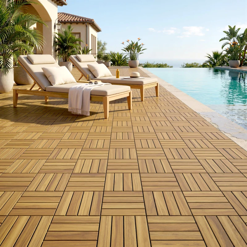 Outsunny Conjunto de 10 Estrados de Madeira de Acácia para Exterior 31x31 cm, 0,91 m² Estrado para Terraço Antiderrapantes Madeira