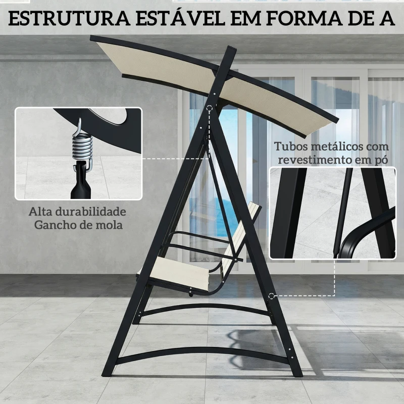 Outsunny Baloiço de Jardim de 3 Lugares com Teto Ajustável UPF50+ Assento Transpirável e Estrutura em Metal 188x130x183 cm Creme