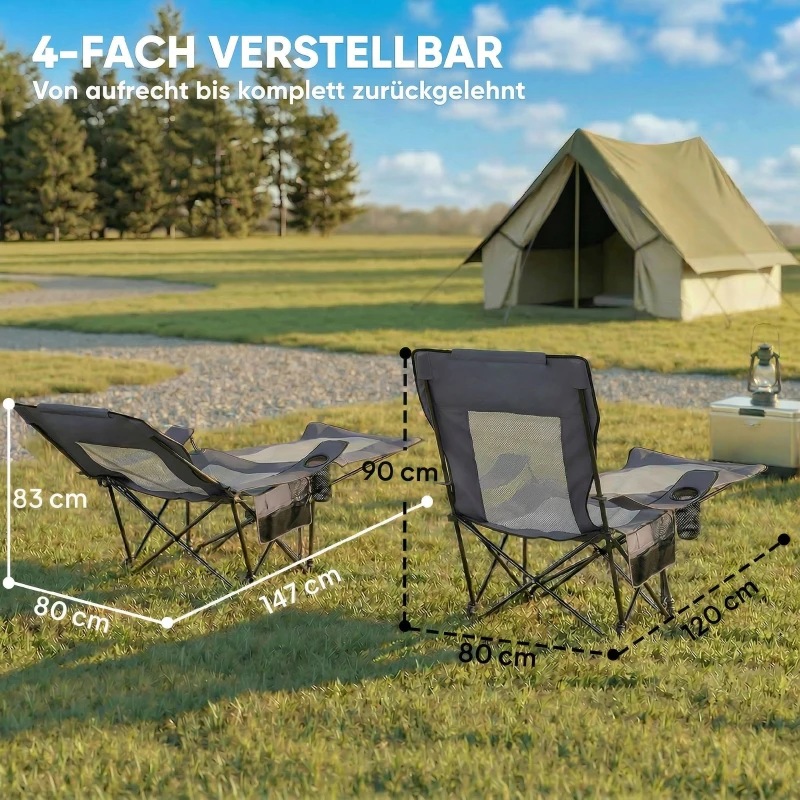 Outsunny 2er Set Campingstuhl faltbar Angelstuhl mit verstellbarer Rückenlehne Fußablage Getränkehalter Kopfstütze Dunkelgrau