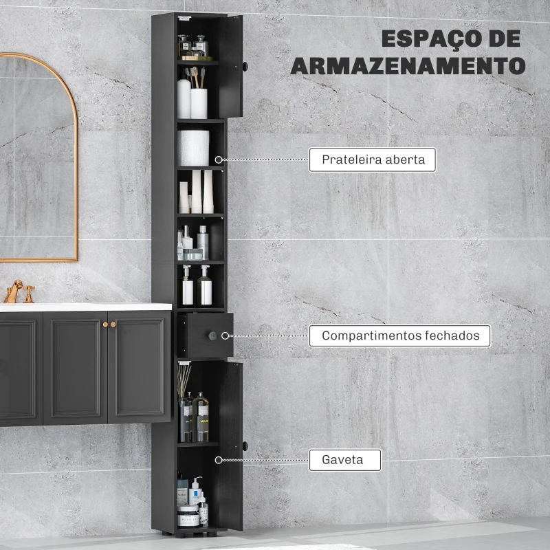 kleankin Coluna Casa de Banho Estreita com 1 Gaveta 4 Prateleiras Abertas e Prateleiras Ajustáveis 20x20x180 cm Preto