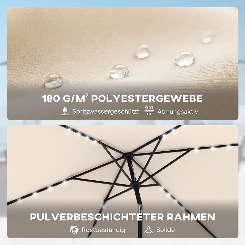 Outsunny Sonnenschirm LED Solar ca. 300 x 200 cm knickbar Balkonschirm mit Kurbel Schutzhülle, UV Schutz, Drehbar Cremeweiß