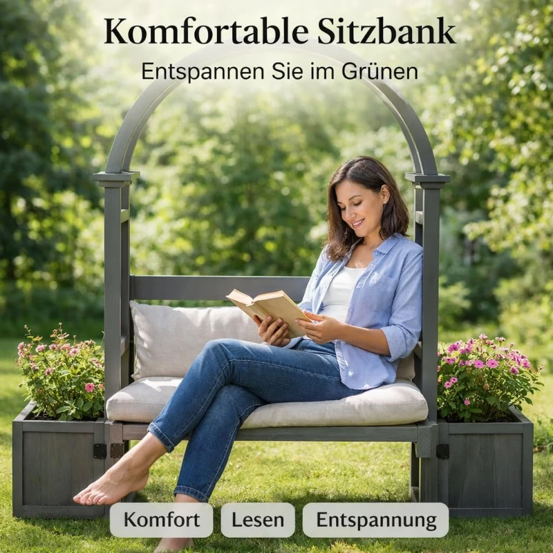 Pergola-Bank mit Pflanzkästen und geschwungenem Rankgitter, dreifach-Funktion: Sitzbank, Pflanzkübel und Rankhilfe, 160 x 30,5 x 160 cm, Grau