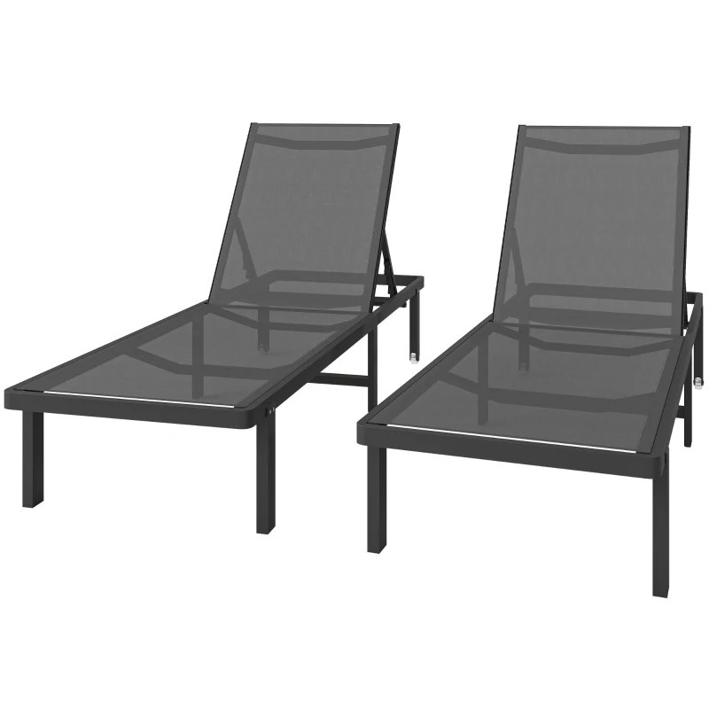 Outsunny Conjunto de 2 Tumbonas Reclinables con Ruedas Respaldo Ajustable 4 Niveles Estructura de Aluminio Tela Textilene Gris