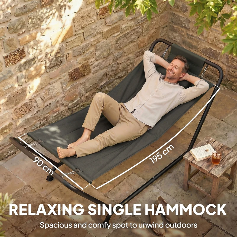 Outsunny Outdoor Hammock with Stand, Freestanding Hammock with Side Pocket, Headrest for Patio, Balcony, Porch, Dark Grey