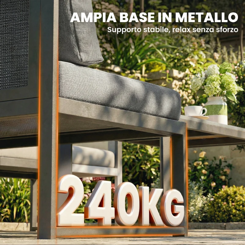 Outsunny Set Divano Angolare da Giardino in Metallo, 3 Poltrone, Tavolino Effetto Legno, Grigio Scuro