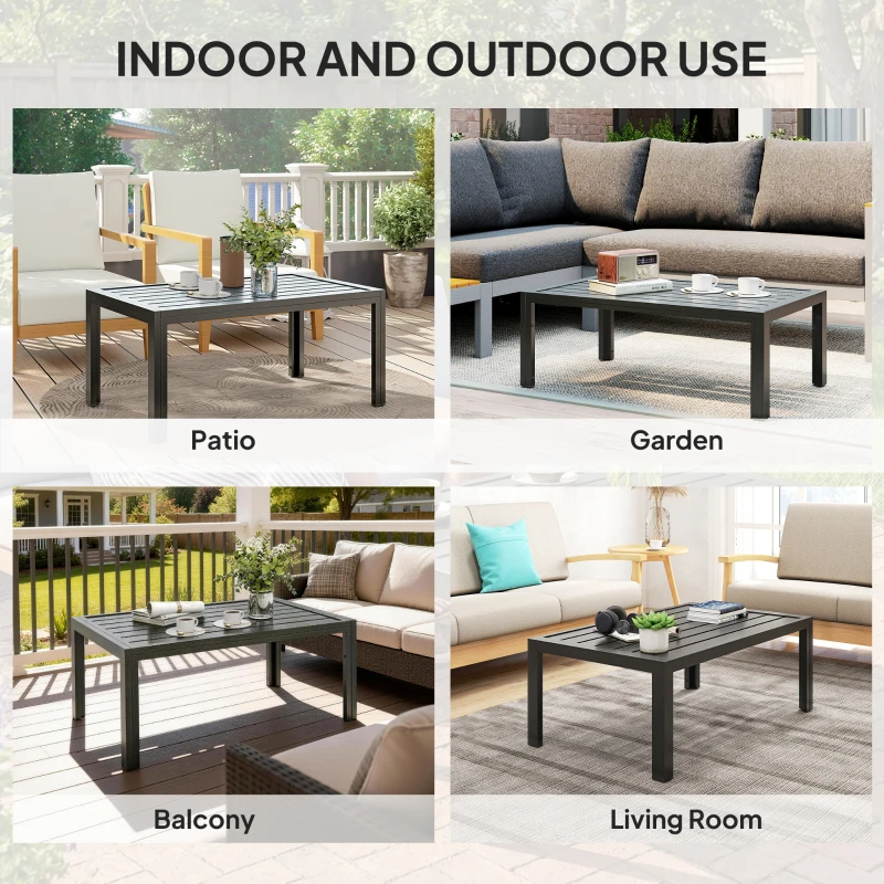 Outsunny Outdoor Side Table, Rectangular Patio Coffee Side Table with Steel Frame and Slat Tabletop for Garden, Balcony, Grey