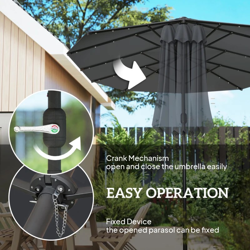 Outsunny 4.4m Double-Sided Sun Umbrella Patio Parasol LED Solar Lights Dark Grey