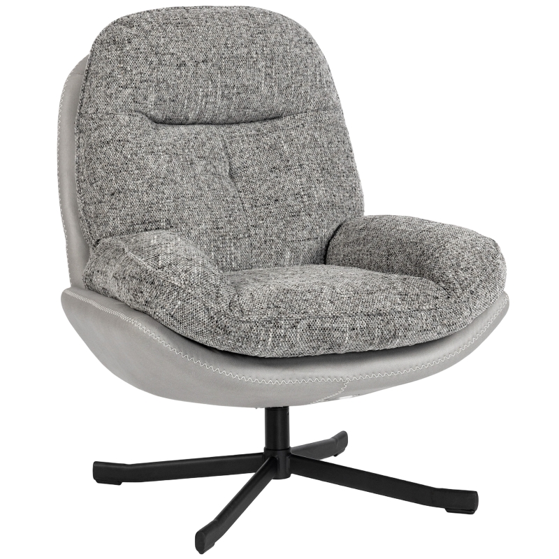 HOMCOM Poltrona Giratória Moderna com Base Cruzada Estofada em Chenille e Couro PU Assento Largo Duplo Pernas de Aço 78x95x99 cm Cinza