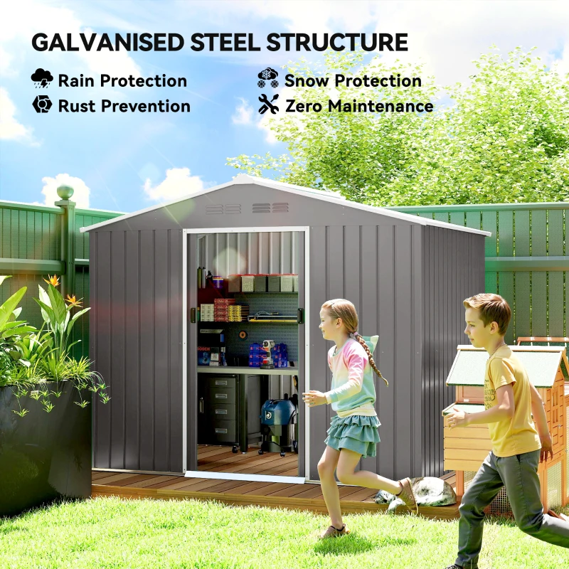 Outsunny 8 x 6ft Galvanised Steel Shed, with Double Door - Light Grey