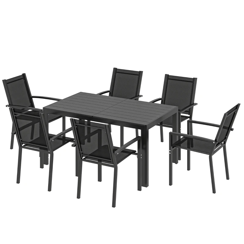 Outsunny Seven-Piece Garden Dining Set, with Plastic Wood-Top Table - Black