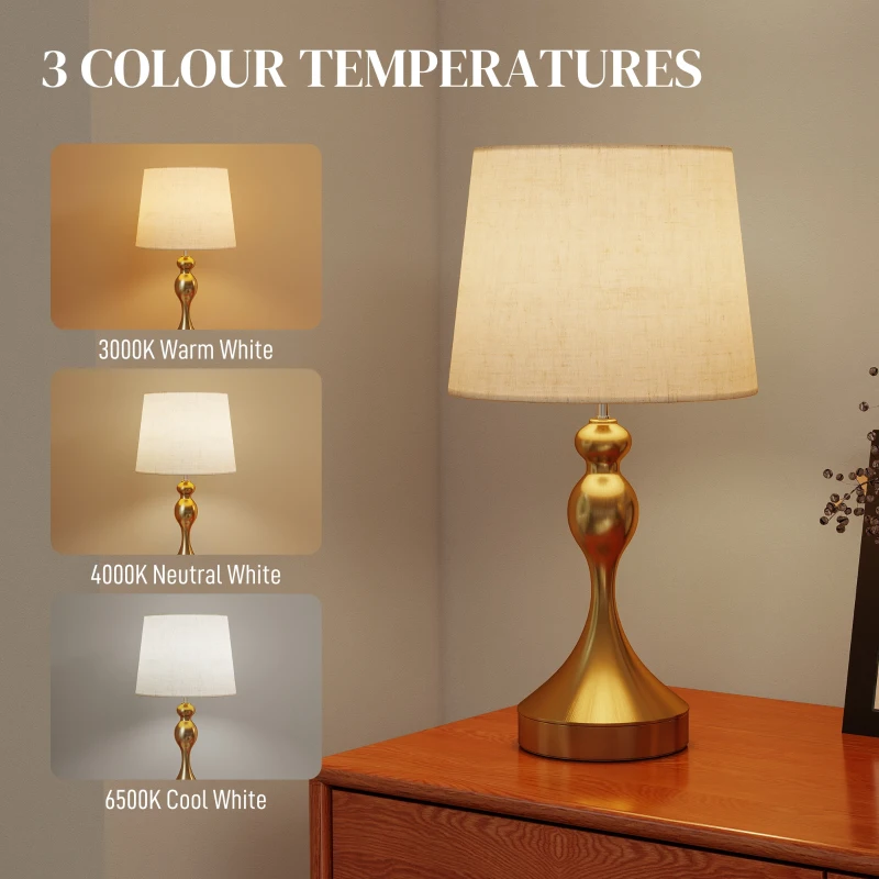 HOMCOM Dimmable Bedside Lamps Set of 2, Modern Table Lamps with 3 Colour Temperatures, USB A+C Charging Ports and Linen Shade for Living Room Bedroom Office, Gold Tone