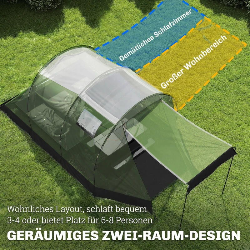 Outsunny Namiot kempingowy 3-4 os., stabilny, 3000 mm wodoodporny, namiot rodzinny z sypialnią i przedsionkiem, zielony