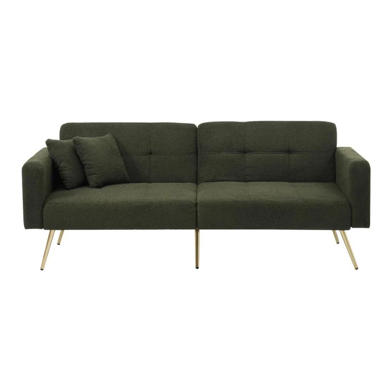 Divano letto con funzione letto, schienale regolabile, gambe dorate, rivestimento in sherpa, 175x64x72 cm, Verde