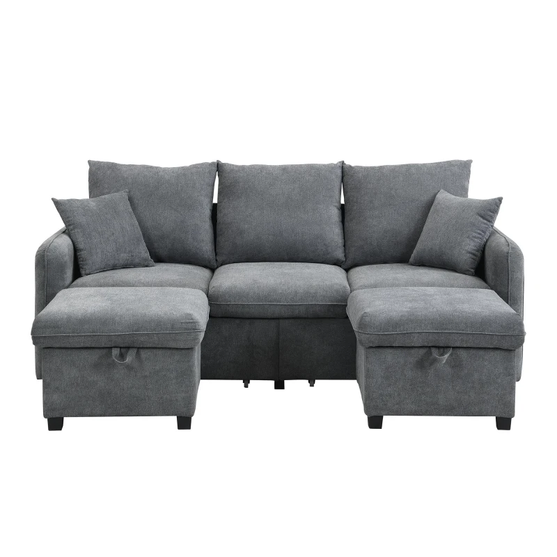 Divano angolare a U, con vano contenitore, pouf incluso, rivestimento in chenille, 188x186x86 cm, Grigio scuro