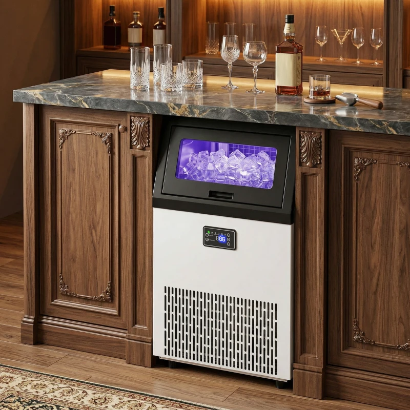 HOMCOM Commerciële IJsblokjesmachine, 55 kg/24u Roestvrij Staal Onderbouw of Vrijstaande IJsblokjesmaker met 13 kg Opslag