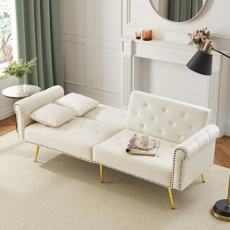 Divano letto 2 posti, rivestimento in velluto, piedi dorati, 173x75x70 cm, Beige