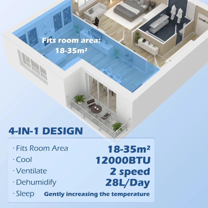 HOMCOM Przenośny klimatyzator z wężem 12.000 BTU 3,5 kW, 5-w-1, 24h timer, pilot, do 35㎡