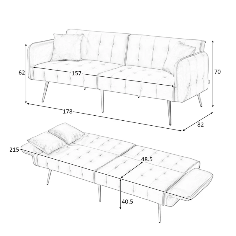 Divano-letto 2 posti, rivestimento in velluto, piedi dorati, 178x82x70 cm, Bianco