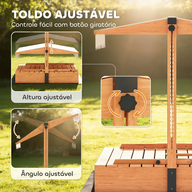 AIYAPLAY Caixa de Areia em Madeira para Crianças com Toldo Ajustável Mesa de Piquenique com Bancos para 6 Crianças dos 3 aos 8 Anos 184x110x120 cm Castanho