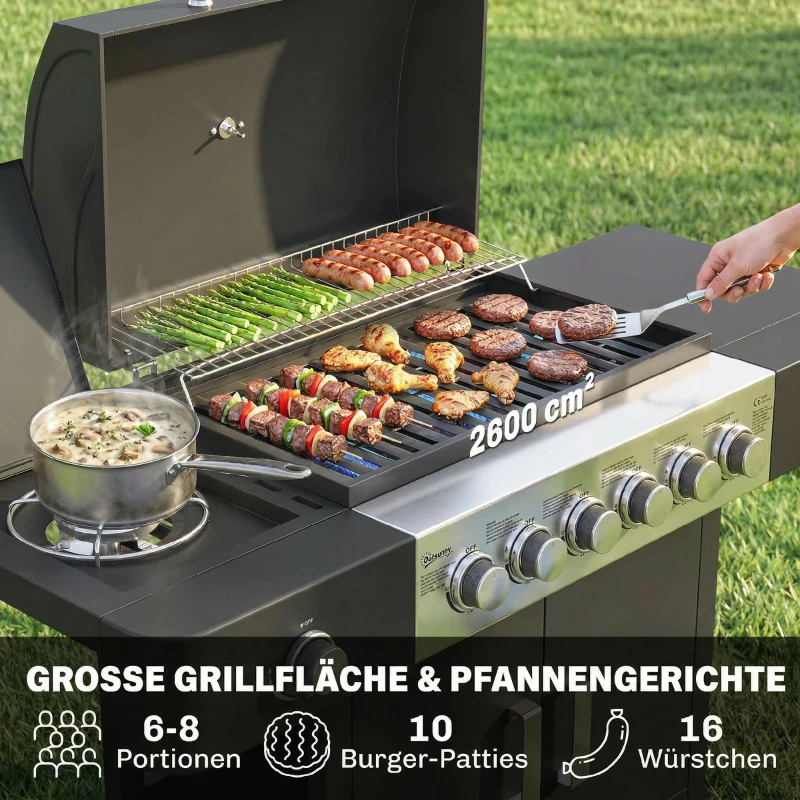 Outsunny Gasbarbecue 17,8 kW 6+1 branders BBQ grillwagen van roestvrij staal incl. wielen zijbrander thermometer emaille grillrooster