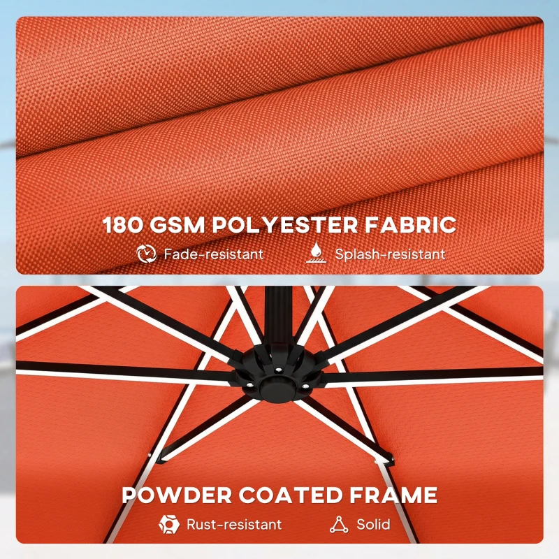 Outsunny 3 m Garden Cantilever Parasol with LED Solar Light, Round Overhanging Umbrella with 360° Rotation, Cover, Orange