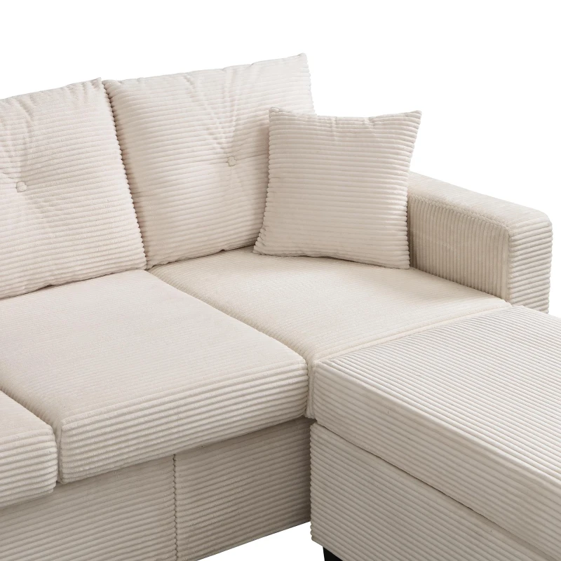 Divano a L con LED, rivestimento in velluto a coste, ottomana, 184x84,5x85,5 cm, Beige