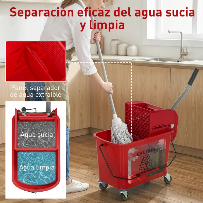 HOMCOM Cubo de Fregar con Escurridor Panel Separador y Ruedas Capacidad 20L para Limpieza Doméstica 45x26,5x70 cm Rojo