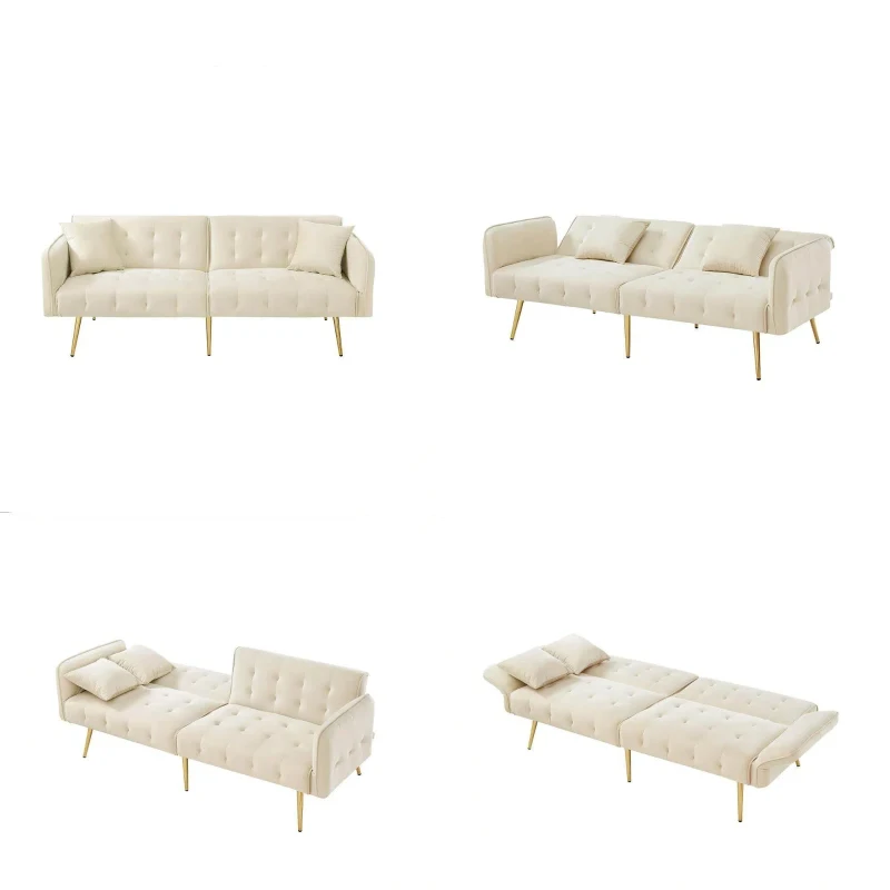 Divano-letto 2 posti, rivestimento in velluto, piedi dorati, 178x82x70 cm, Beige