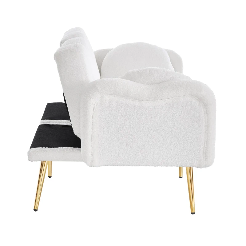 Divano letto 2 posti con superficie effetto lana d'agnello e piedi dorati, 175x79x82 cm, Bianco