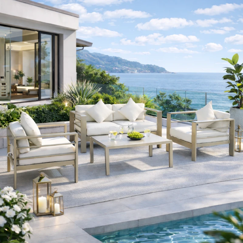 Outsunny 4 Pieces Outdoor Garden Furniture Set, Aluminium Frame Backyard Furniture w/ Thick Padded Cushioned Loveseat, 2 Chairs, and Glass Top Table, Champagne Gold