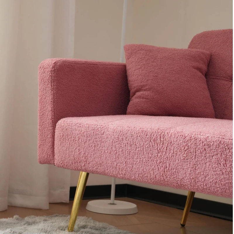 Divano letto con funzione letto, schienale regolabile, gambe dorate, rivestimento in sherpa, 175x64x72 cm, Rosa