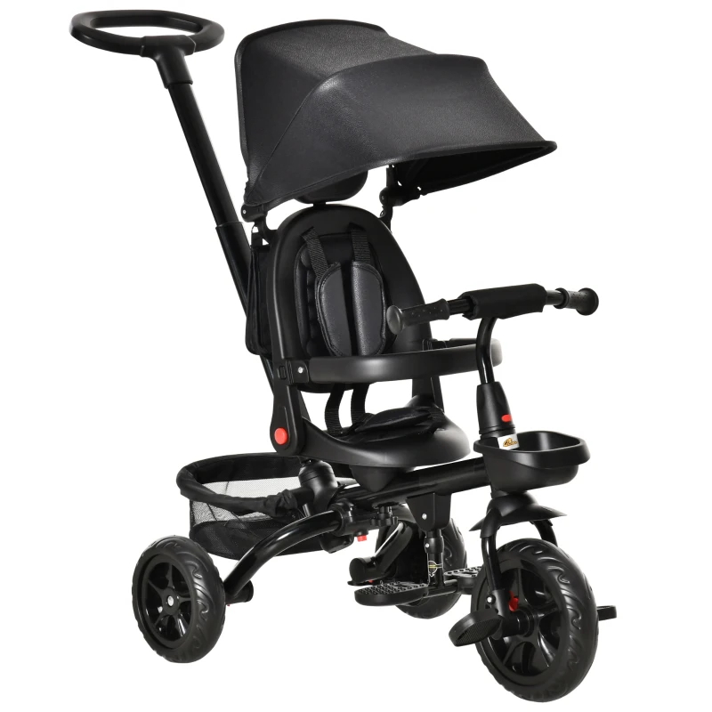 HOMCOM Triciclo Bebé 4 en 1 Bicicleta para Niños 1-5 Años con Asiento Giratorio Capota Ajustable Mango de Empuje Telescópico y Reposapiés Plegable Carga 25 kg 111,5x52x98 cm Negro