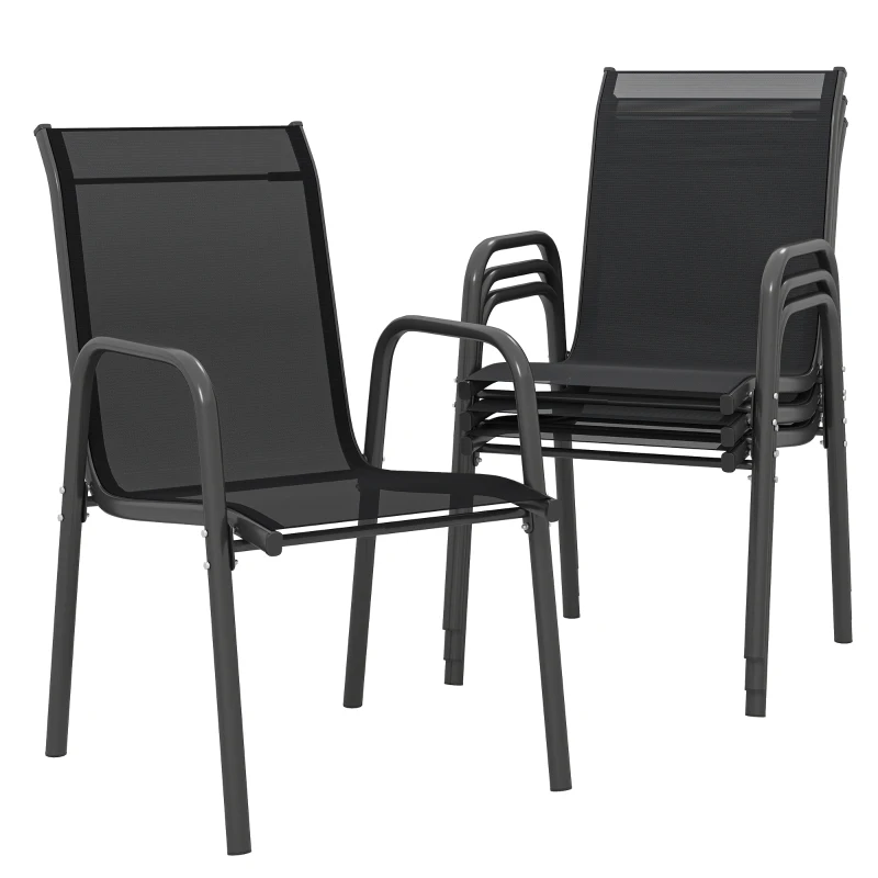 Outsunny Lot de 4 Chaises de Jardin Extérieures, Chaise de Salle à Manger Empilables avec Accoudoirs et Dossier Haut, Noir