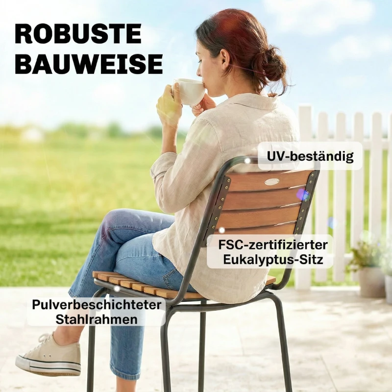 Outsunny Gartenstuhl 2er Set wetterfest Gartenstühle aus Stahl und Holz Stapelstuhl mit Rückenlehne bis 160kg belastbar Naturholz