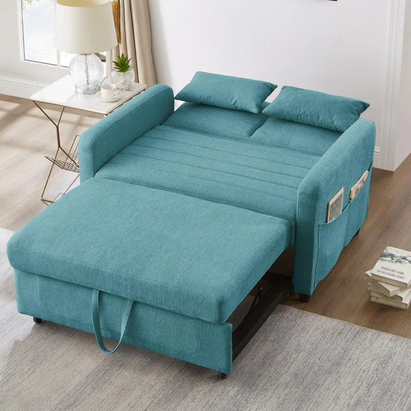 Divano pieghevole a due posti, rivestimento in cotone e lino, 114x77x82,5 cm, Blu-verde