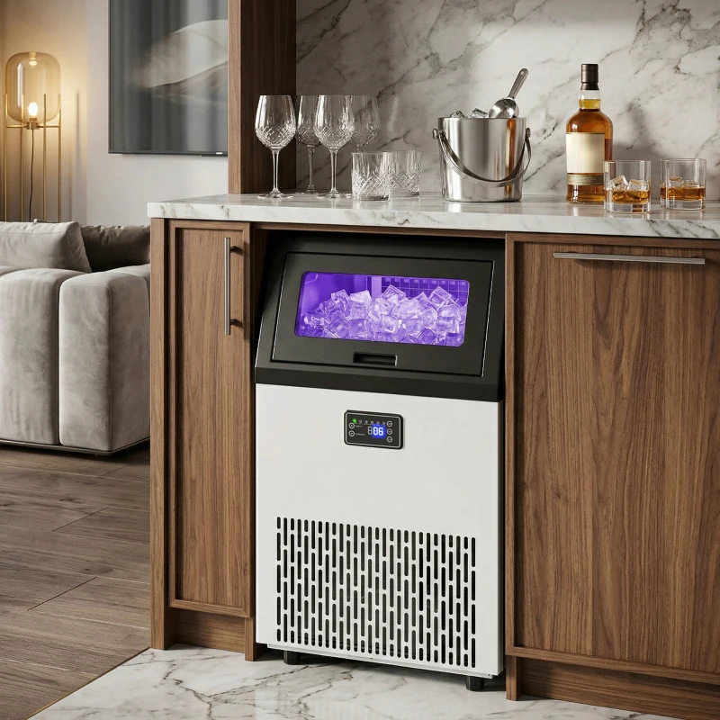 HOMCOM Commerciële IJsblokjesmachine, 55 kg/24u Roestvrij Staal Onderbouw of Vrijstaande IJsblokjesmaker met 13 kg Opslag