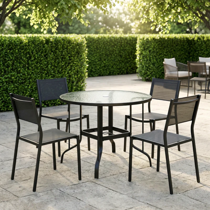 Outsunny Mesa Redonda para Jardín con Orificio para Sombrilla Encimera de Vidrio Estructura Metálica Ø96,5x71 cm Negro