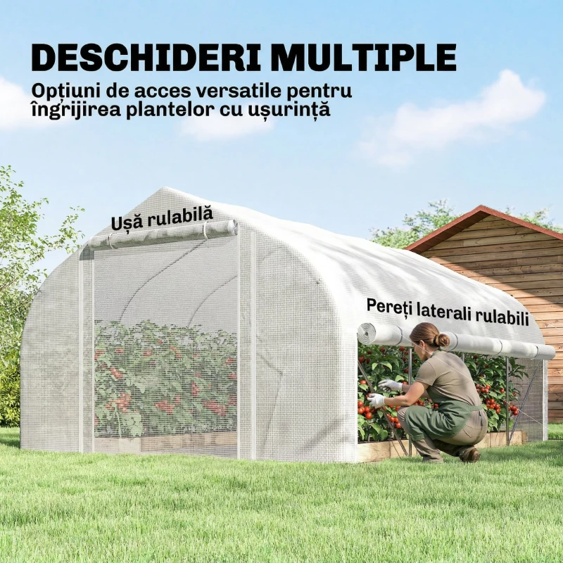 Outsunny Seră de Grădină 4x3m tip Tunel cu Acoperire din PE, Ușă și 8 Ferestre Rulabile, Alb(m-4)