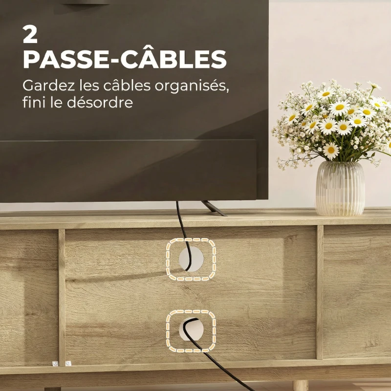 HOMCOM Meuble TV 135 cm, meuble télé pour téléviseur jusqu'à 65 pouces avec 2 portes en rotin, 2 compartiments ouverts, chêne