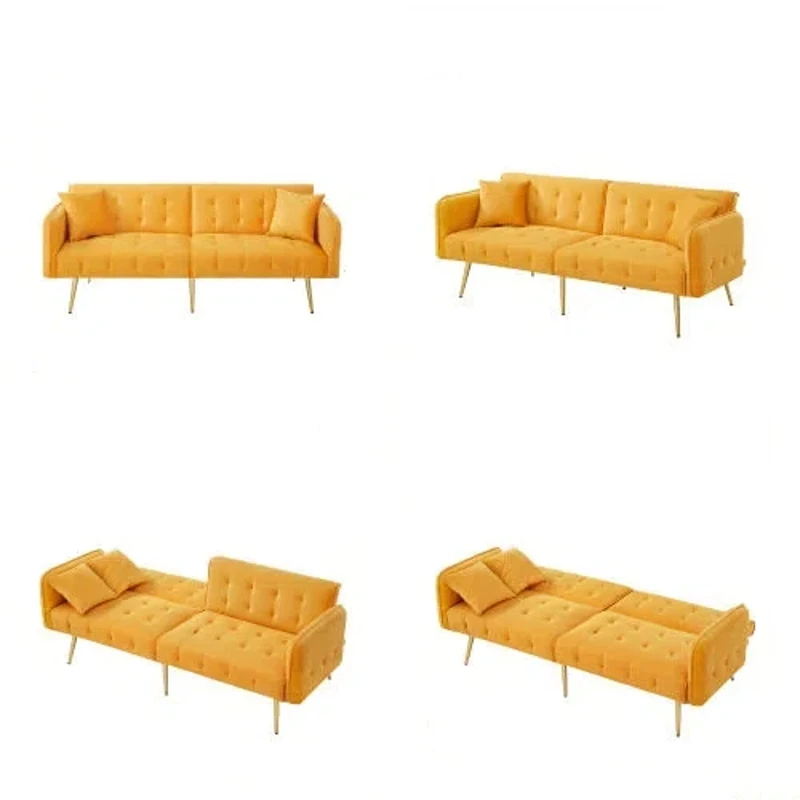 Divano-letto 2 posti, rivestimento in velluto, piedi dorati, 178x82x70 cm, Giallo